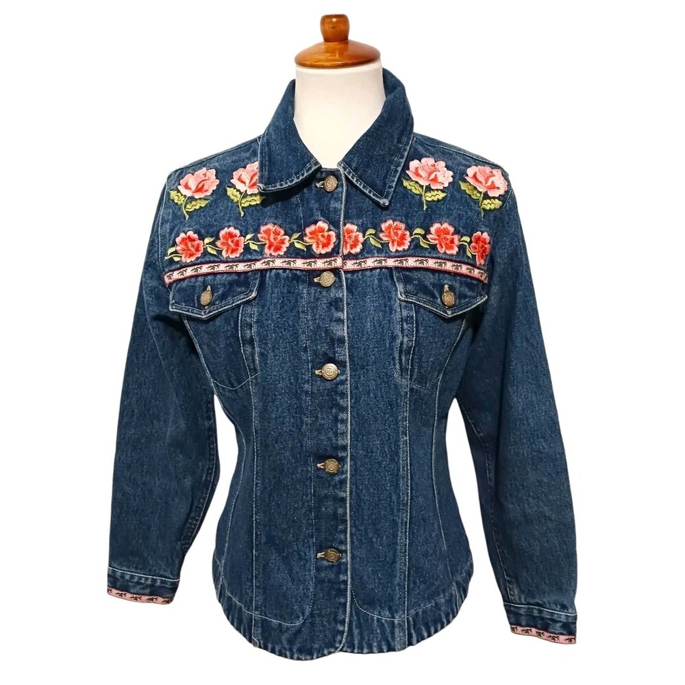 Vintage 90's Denim Jean Jacket Bill Blass Women's Small Floral Embroidered Y2K